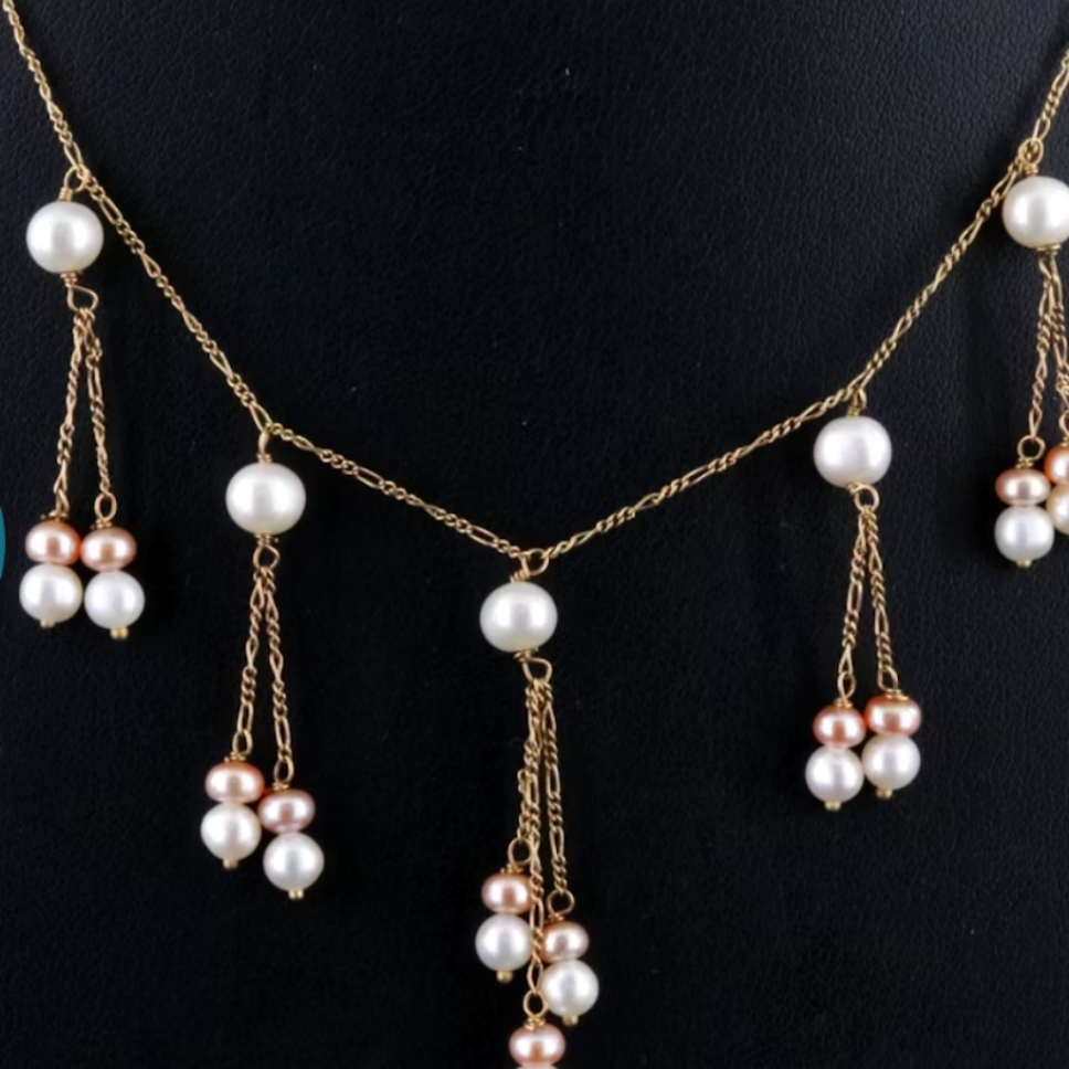 14k Pink And White Pearl Figaro Fringe Necklace Unique Real Solid Gold